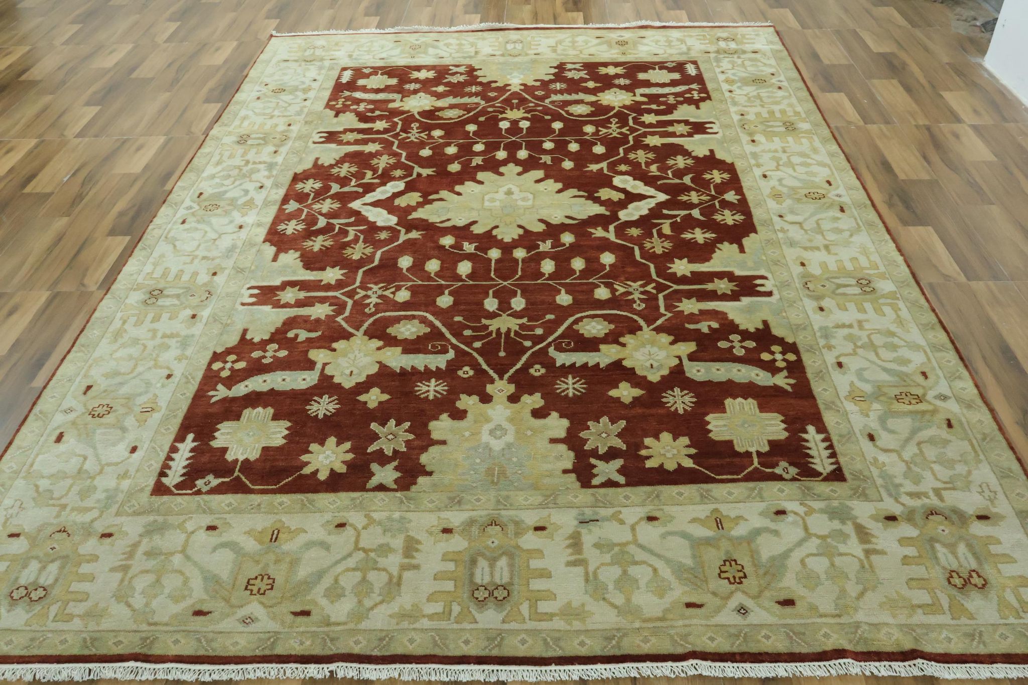 Hand-Knotted Rust & Beige Oushak Wool Rug – Turkish Vintage Carpet (9x12 ft)