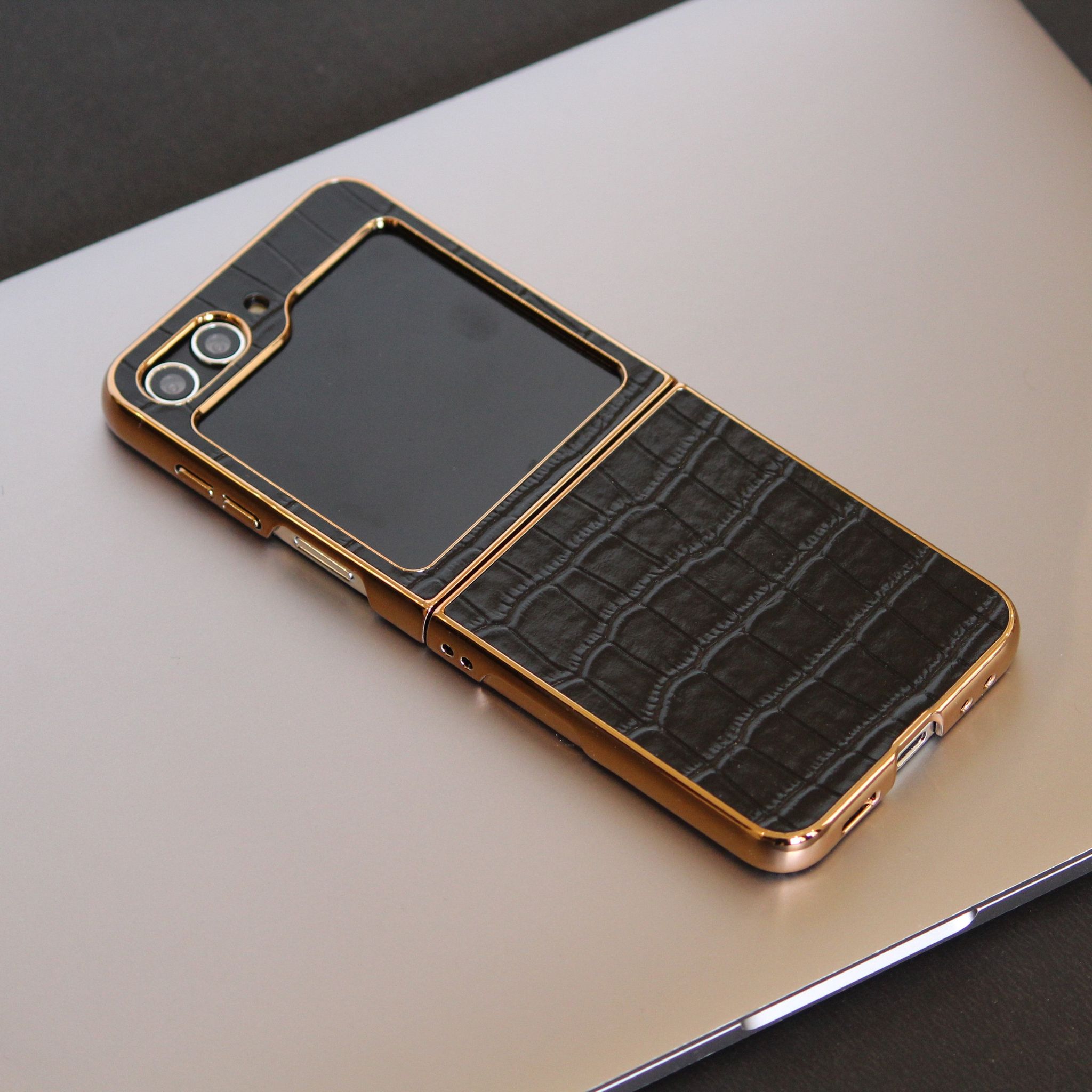 Gold Electroplated Croco Pattern Leather Luxury Cover-Samsung Galaxy Z Flip 5