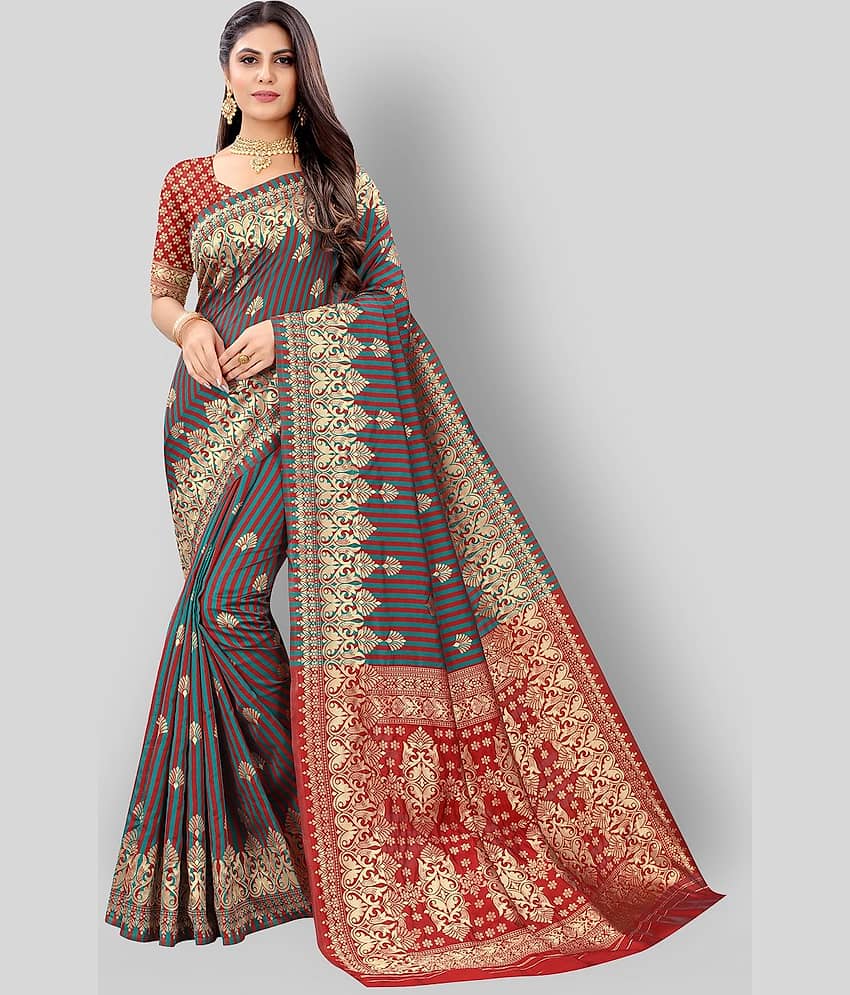 NENCY FASHION Banarasi Silk Striped Saree With Unstitched Blouse Piece ( Multicolor )