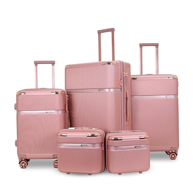AMERICAN TRAVELLER Urban Gold ABS Hardside Luggage Set, 5-Piece, Grey with Rose Gold Accents, TSA Lock, 8 Spinner Wheels, 730 Days Warranty (5, Rose Gold, T,F,S,M,L)