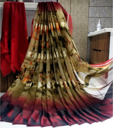 Women's Sattin Patta Printed Saree with Unstitched Blouse (Beige)