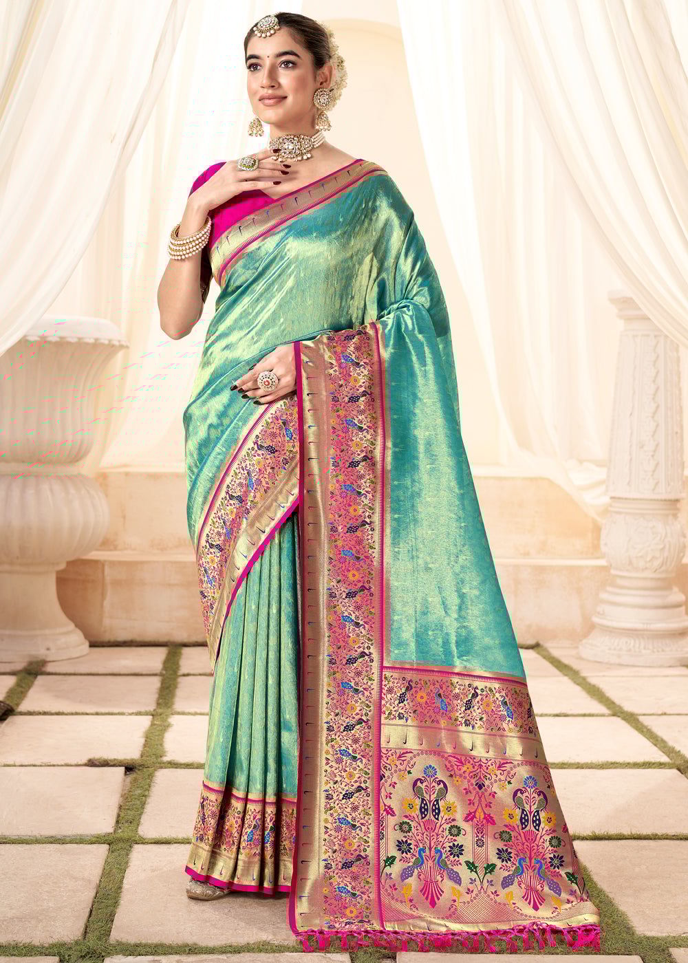 Mint Green Woven Paithani Tissue Silk Saree
