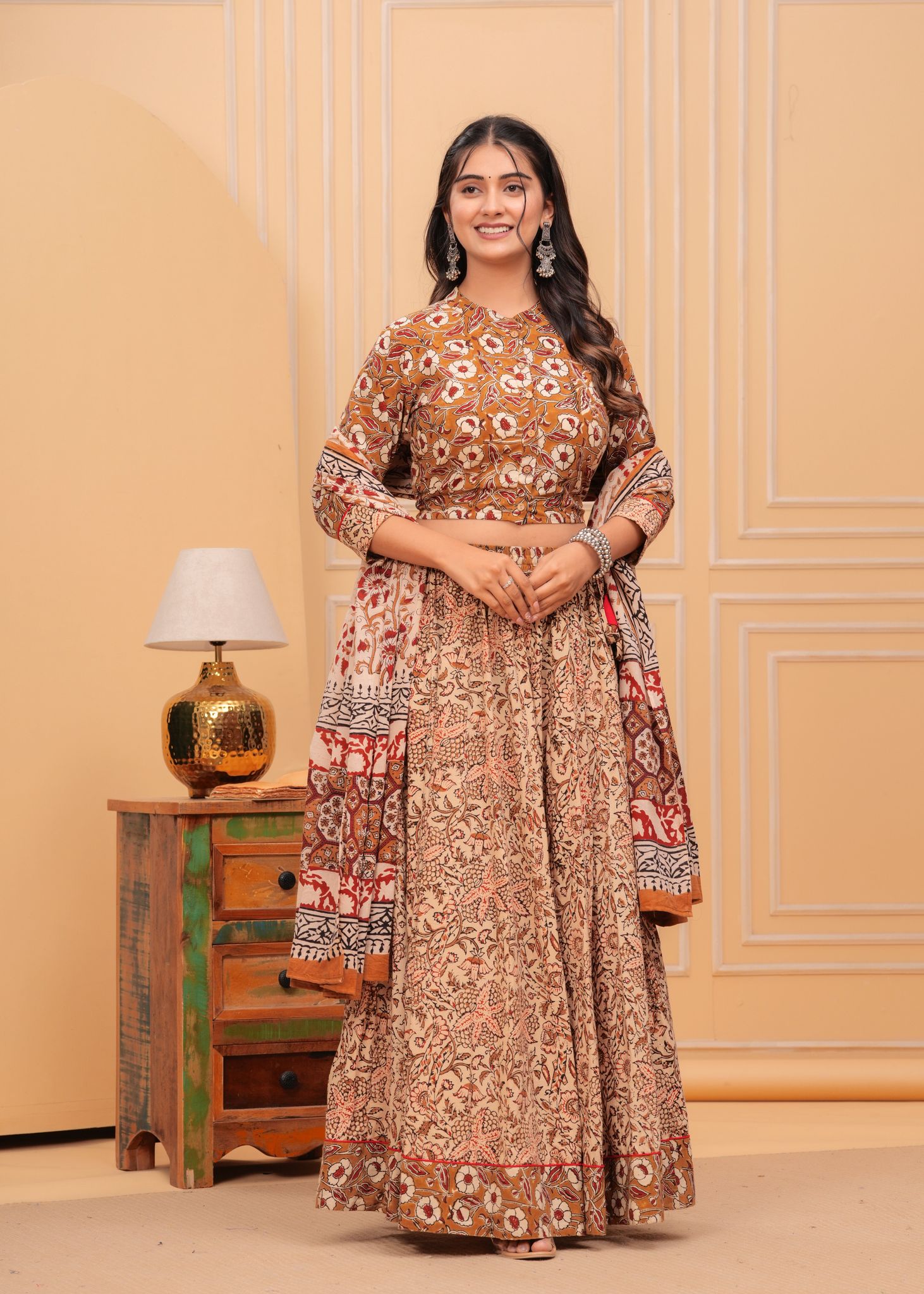 Festive Fusion Blockprinted Subtle Brown Lehanga Choli Set-S (36)