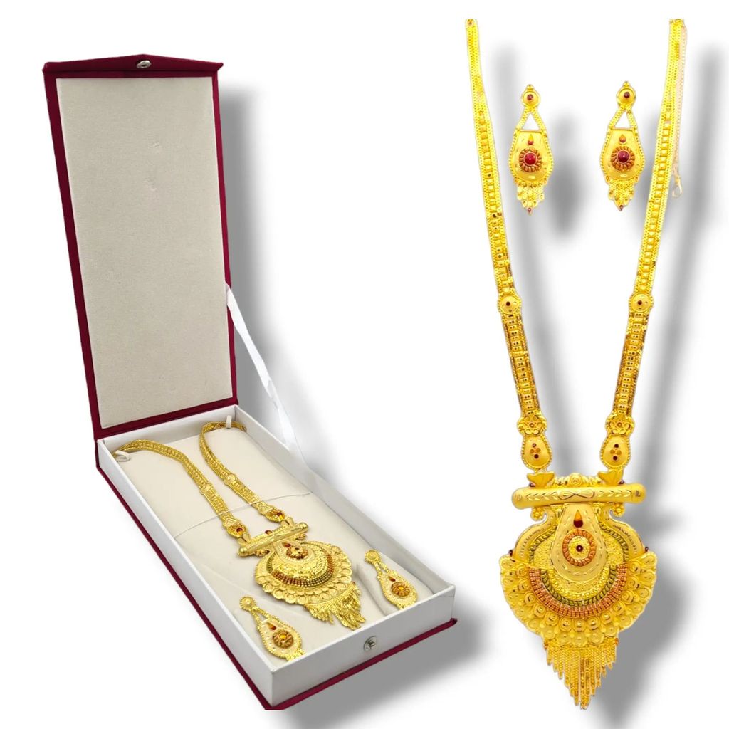 One-Gram Gold-Plated Long Haram Necklace Set with Earrings and Earring support Chain