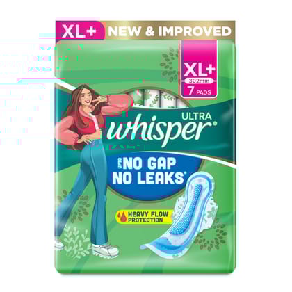 WHISPER ULTRA HYGIENE+COMFORT SANITARY PADS, 7 XL+ PADS, FOR HEAVY FLOW, LONG LASTING PROTECTION, LOCKS ODOUR & WETNESS, DRY TOP SHEET, DISPOSABLE WRAPPER