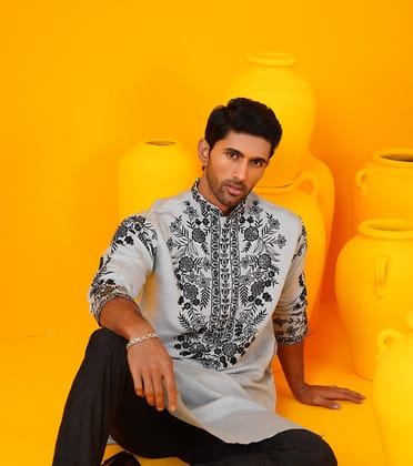 Men's Cotton Silk Designer Embroidered White Long Kurta-36