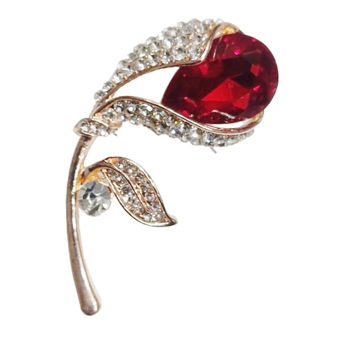 Voici France Men's & Women's Lapel Pin Brooch Tie Pin Boutonniere Stick Brooch for Suits tuxedo red flower stone studded gold color Free size - red flower