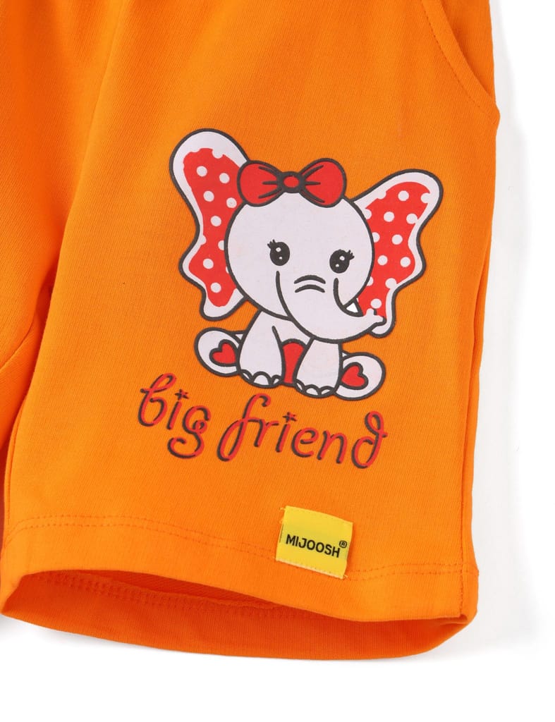 Stylish Kids Girls Shorts Cotton French Terry Vibrant Orange Big Friend Elephant 2025 at ShopCir