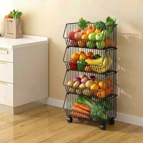 TARKAN 4-Tier Mesh Metal Kitchen Trolley with Wheels, Storage Organizer Rack
