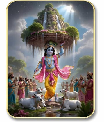 Livin'luxe Lord Krishna Govardhan Leela MDF Wall Art with Table Top Stand & Wall Hanging