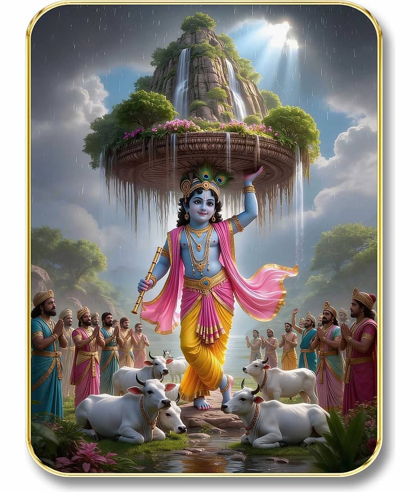 Livin'luxe Lord Krishna Govardhan Leela MDF Wall Art with Table Top Stand & Wall Hanging
