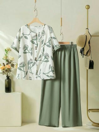 Pastel Perfection: Stylish White & Pista Two-Piece Set-S
