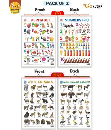 Set of 2 | 2 IN 1 ALPHABET AND NUMBER 1-10 and 2 IN 1 WILD AND FARM ANIMALS & PETS Early Learning Educational Charts for Kids