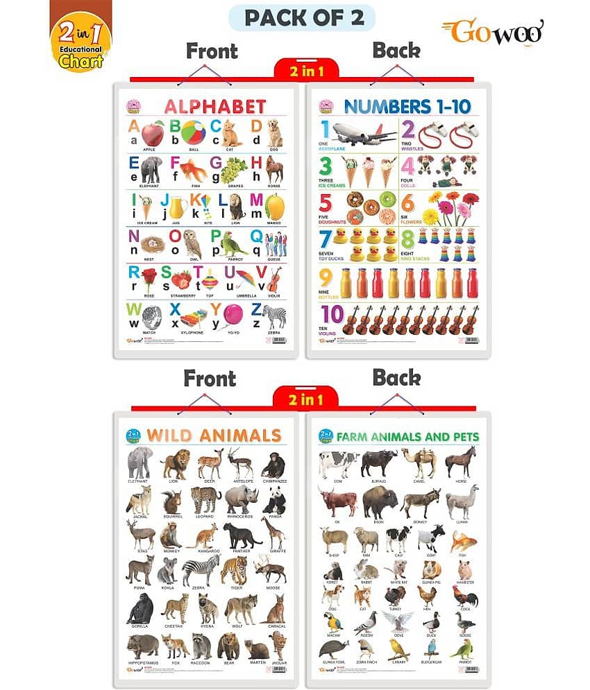 Set of 2 | 2 IN 1 ALPHABET AND NUMBER 1-10 and 2 IN 1 WILD AND FARM ANIMALS & PETS Early Learning Educational Charts for Kids