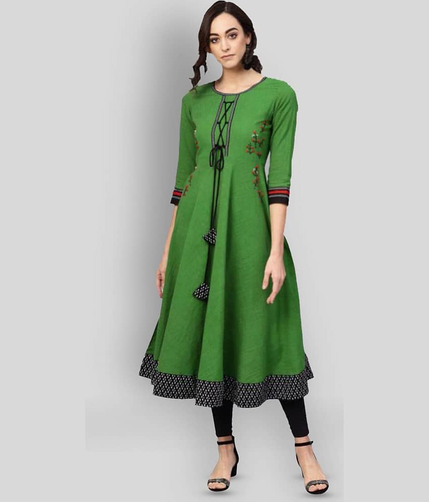 Yash Gallery Pack of 1 Cotton Embroidered Flared Women's Kurti - ( Green )