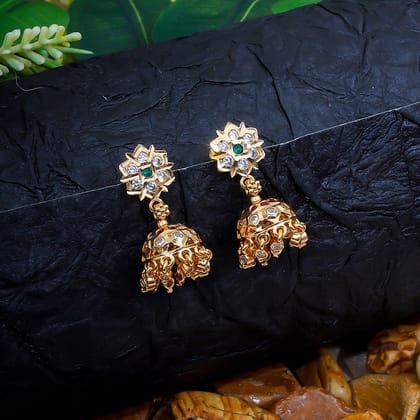 Elegant Gold Jhumka Earrings with Green and White Stone Floral Design