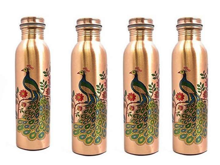 Imago  Peacock Printed Copper Bottles 1L (Pack of 4)