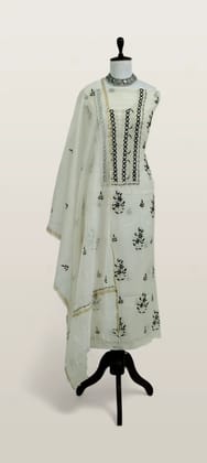 Chikankari Mul Chanderi Dress Material White Black Floral