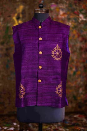 The Sacred Nila Chakra: Artisanal Gold-Print Ghicha Silk Jacket