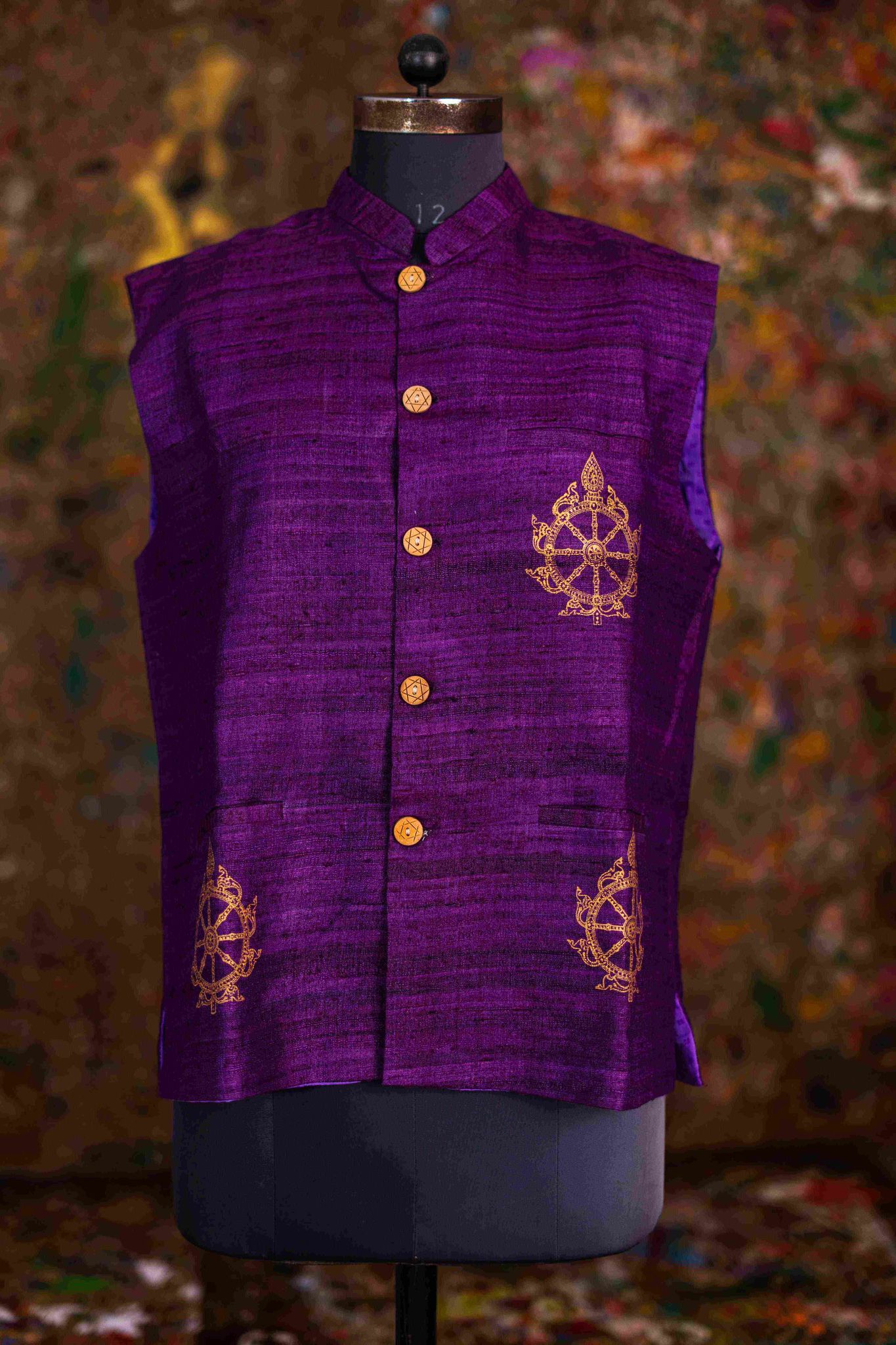 The Sacred Nila Chakra: Artisanal Gold-Print Ghicha Silk Jacket