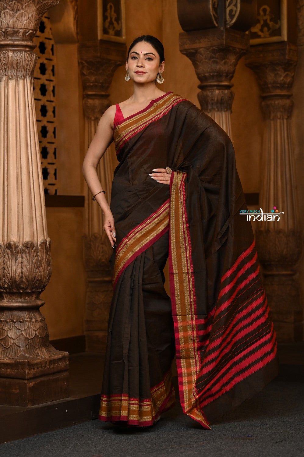 Parampara ~ Cotton Blend Saree in Regal Brown with Exclusive Zari Border & Pallu