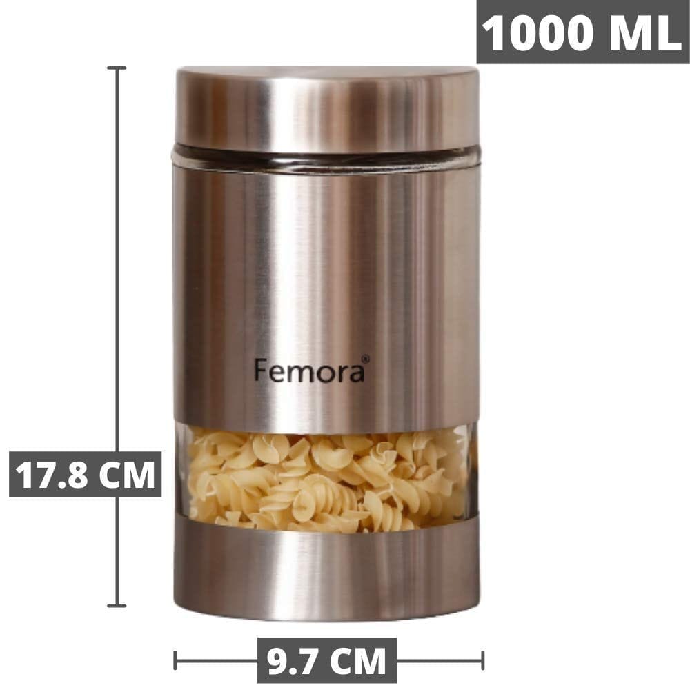 Femora Metallic Clear Glass Kitchen Storage Jars, 1000 ml, Set of 2, Free Replacement of Lids