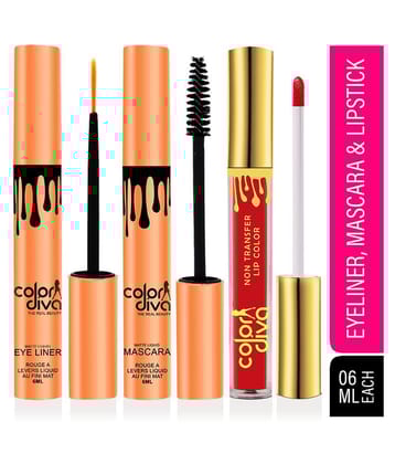 Color Diva Waterproof Eyeliner, Mascara & Liquid Lipstick Makeup Kit Pack of 3 18