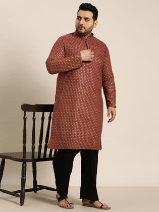 Men's Cotton Linen Maroon Foil Printed Only Long Kurta-44