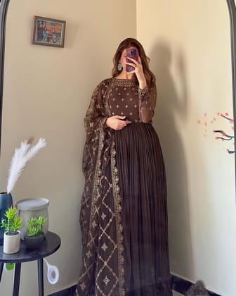 Party Wear Look Pure Crush Chinon Silk Fancy Gown, Dupatta & Bottom Set Party Wear Look Pure Crush Chinon Silk Fancy Gown, Dupatta & Bottom Set