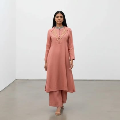 Dusty Rose Handloom Cotton Co-Ord Set with Mirror Work