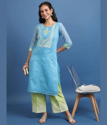 Vishudh Women Cotton Blend Printed Straight Kurti ( Blue )