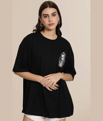 Fabflee Women Cotton Printed Oversized Fit Round Neck T-Shirt ( Black )