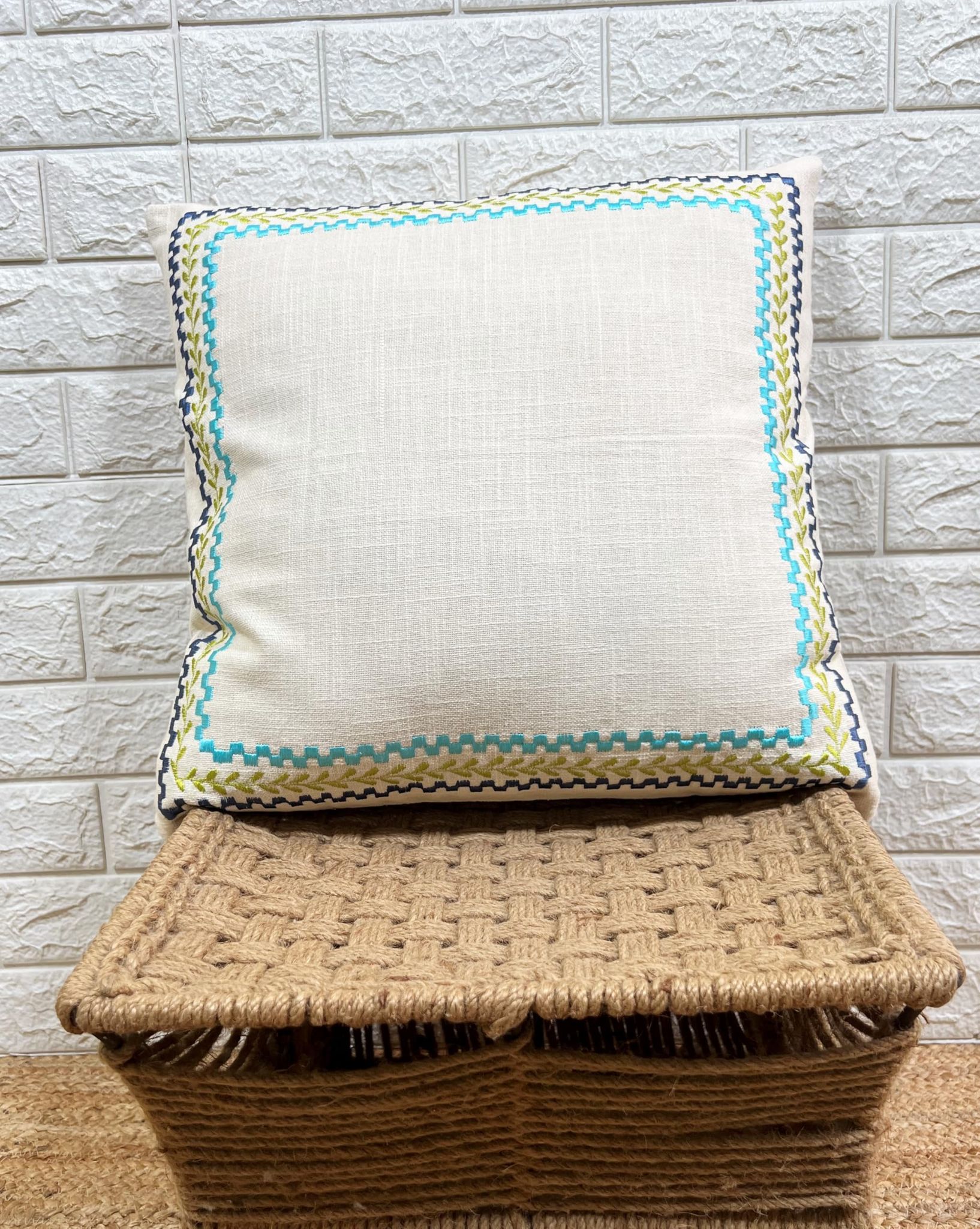 Indihomecraft Blue Border Cushion Cover Hand Embroidery Inspired Decorative Boho Cushion Cover for Sofa Couch Swing Chair Living Room & Bedroom 18 x 18 Inches, Pack of 1