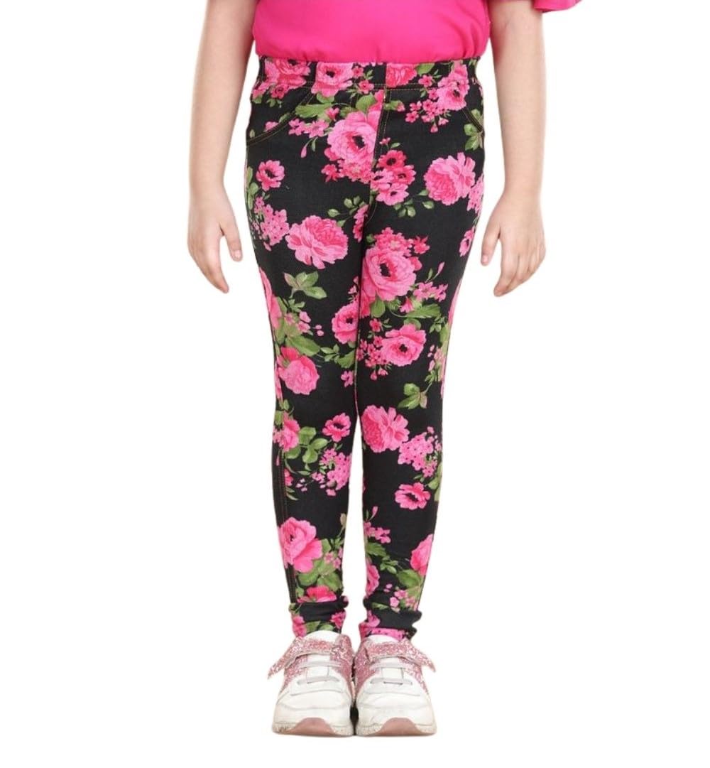 Girl's Cotton Blended Floral Elasticated Jeggings (Black-Pink, 4-5-Yrs)-PID66068