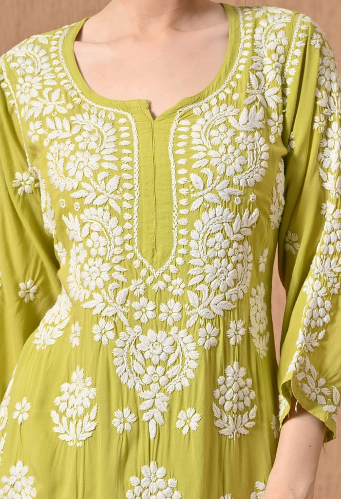 Hand Embroidered Chikankari Modal Plazo Set with 3D Floral Work-Sea Green