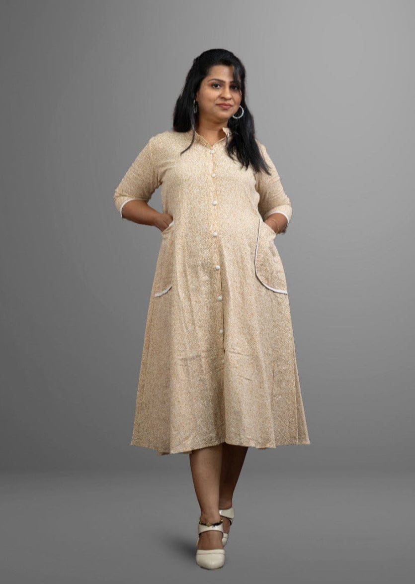 Mustard Yellow circle white print cotton full open dress - Sleevless