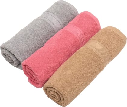 Furnofy Cotton 450 GSM Bath Towel Grey, Pink, Beige (Pack Of 3)