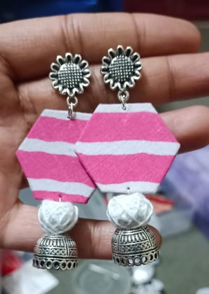 Vibrant Hexagonal Fabric Earrings with Silver Zumka
