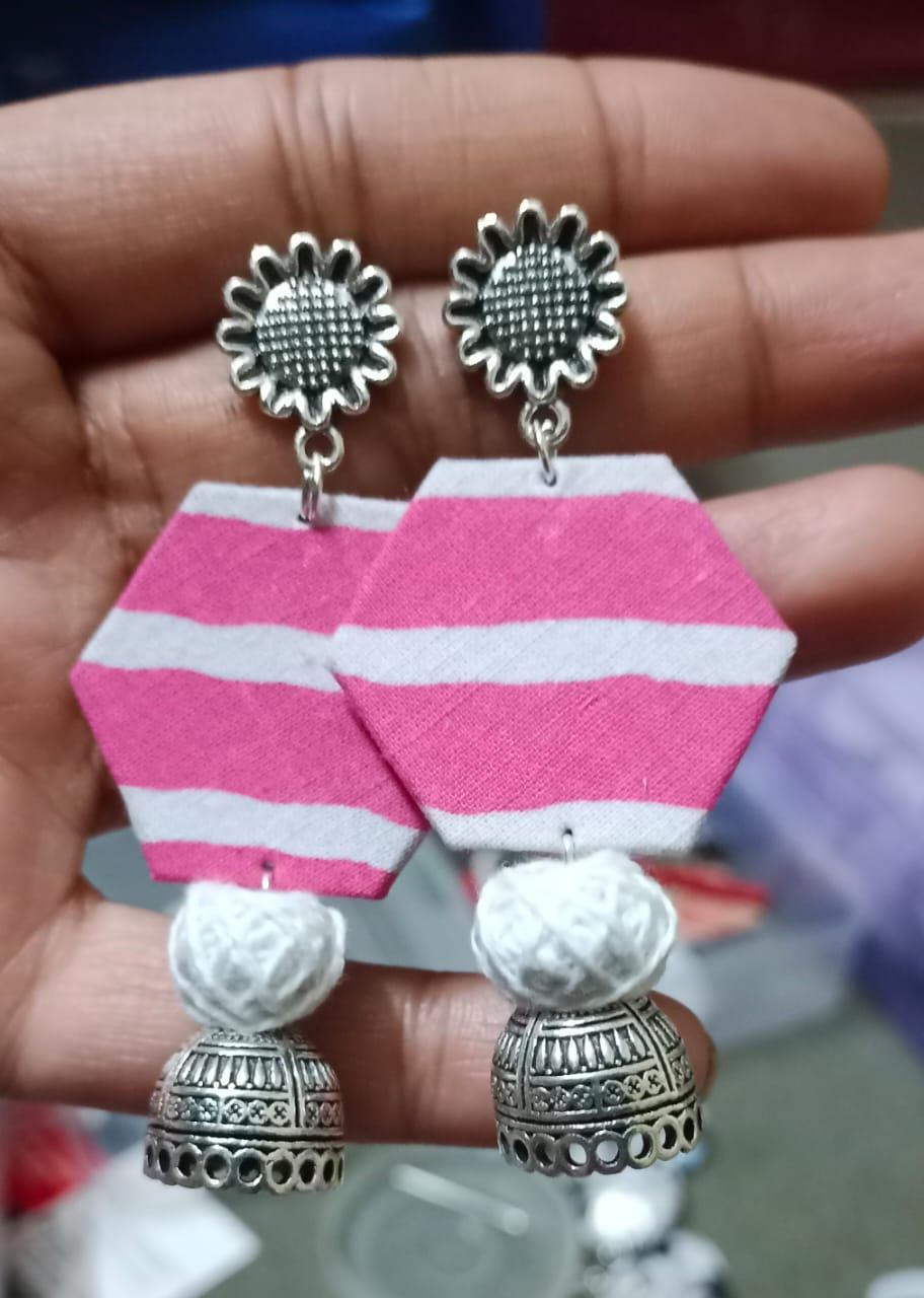 Vibrant Hexagonal Fabric Earrings with Silver Zumka