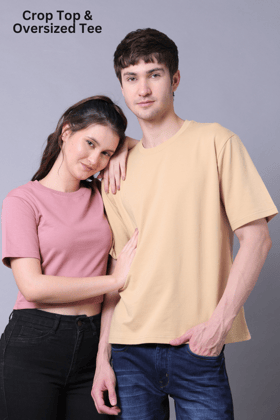 Fuchsia Pink Crop Top & Beige Drop Shoulder Tee - Pack of 2