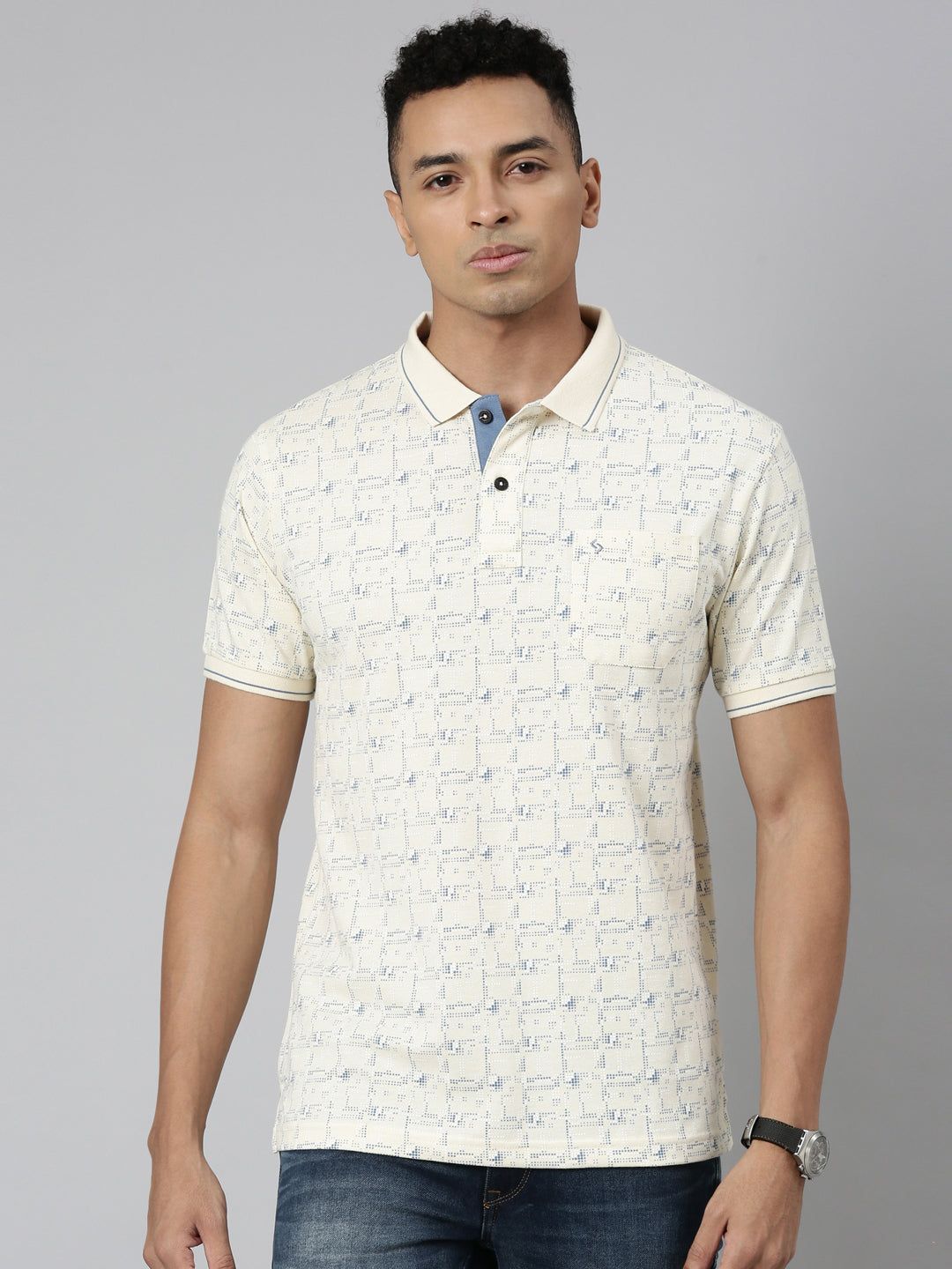 Classic Polo Men's Polo Neck Cotton Cream Slim Fit Printed T-Shirt | BEAU-247 A SF P