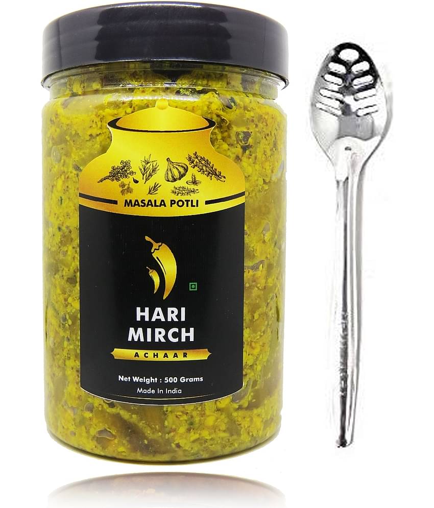 Masala Potli Homemade Rajasthani Hari Mirch Achar & Spoon | Green Chilly Pickle Pickle 500 g