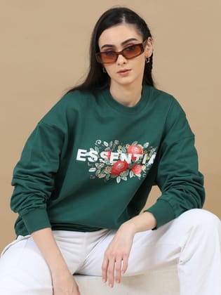 Women Printed Oversized Sweatshirt Pure Cotton Full Sleeve Green-Green / XS