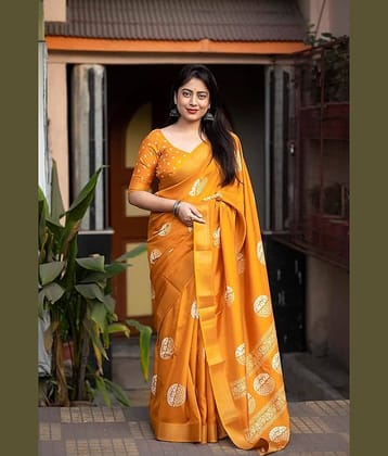 Bhuwal Fashion Cotton Printed Saree With Unstitched Blouse Piece ( Yellow )