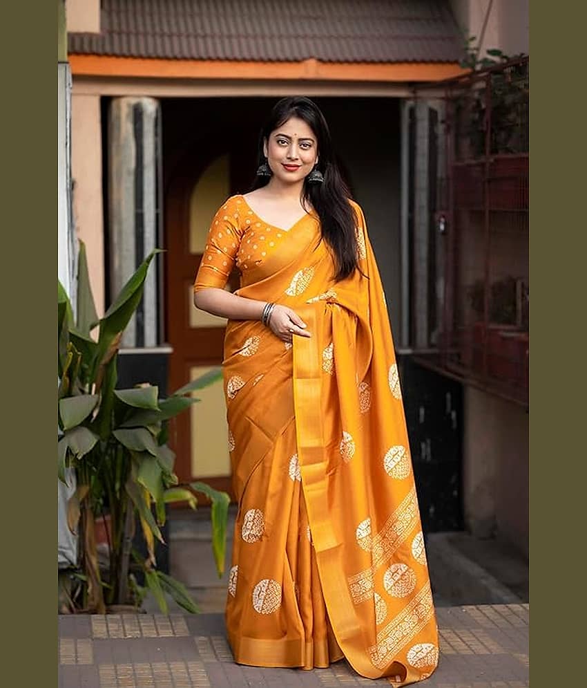 Bhuwal Fashion Cotton Printed Saree With Unstitched Blouse Piece ( Yellow )