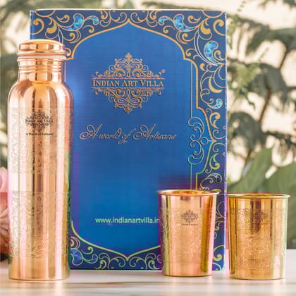 Set of Pure Copper Embossed Leak Proof Water Bottle & Two Glasses with a Gift Box, Drinkware-1600ml