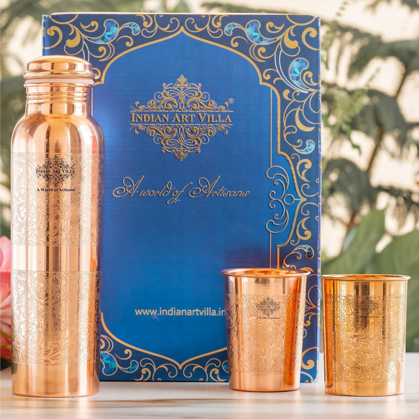 Set of Pure Copper Embossed Leak Proof Water Bottle & Two Glasses with a Gift Box, Drinkware-1600ml