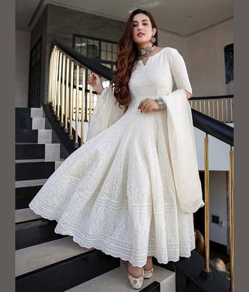 anushansa Pack of 1 Cotton Embroidered Anarkali Women's Kurti - ( Off White )