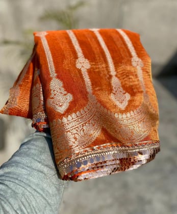 New Beautiful Wedding wear Two Tone Soft Banarasi Tissue Silk Bollywood Style Crushed Sarees-Orange