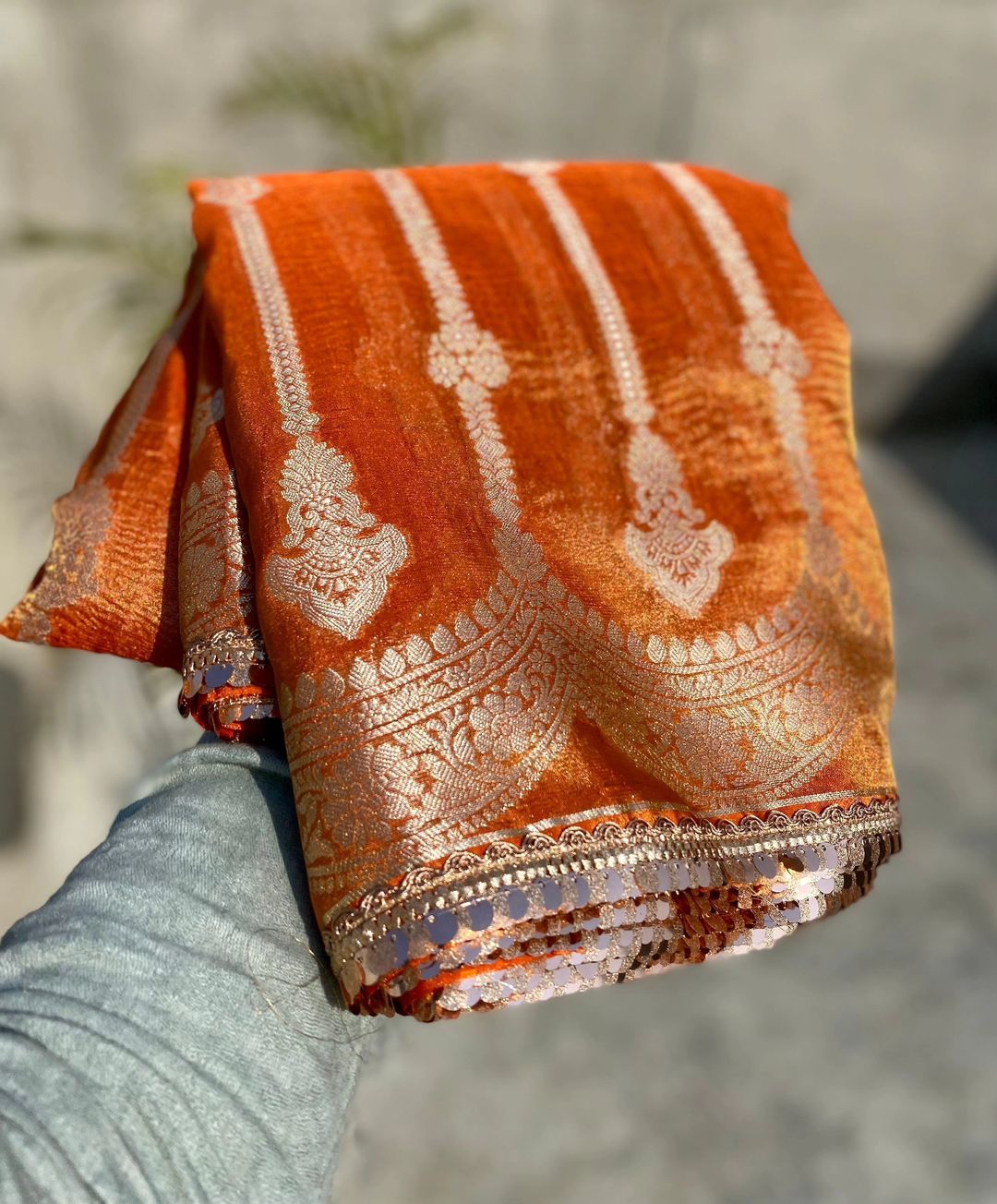 New Beautiful Wedding wear Two Tone Soft Banarasi Tissue Silk Bollywood Style Crushed Sarees-Orange